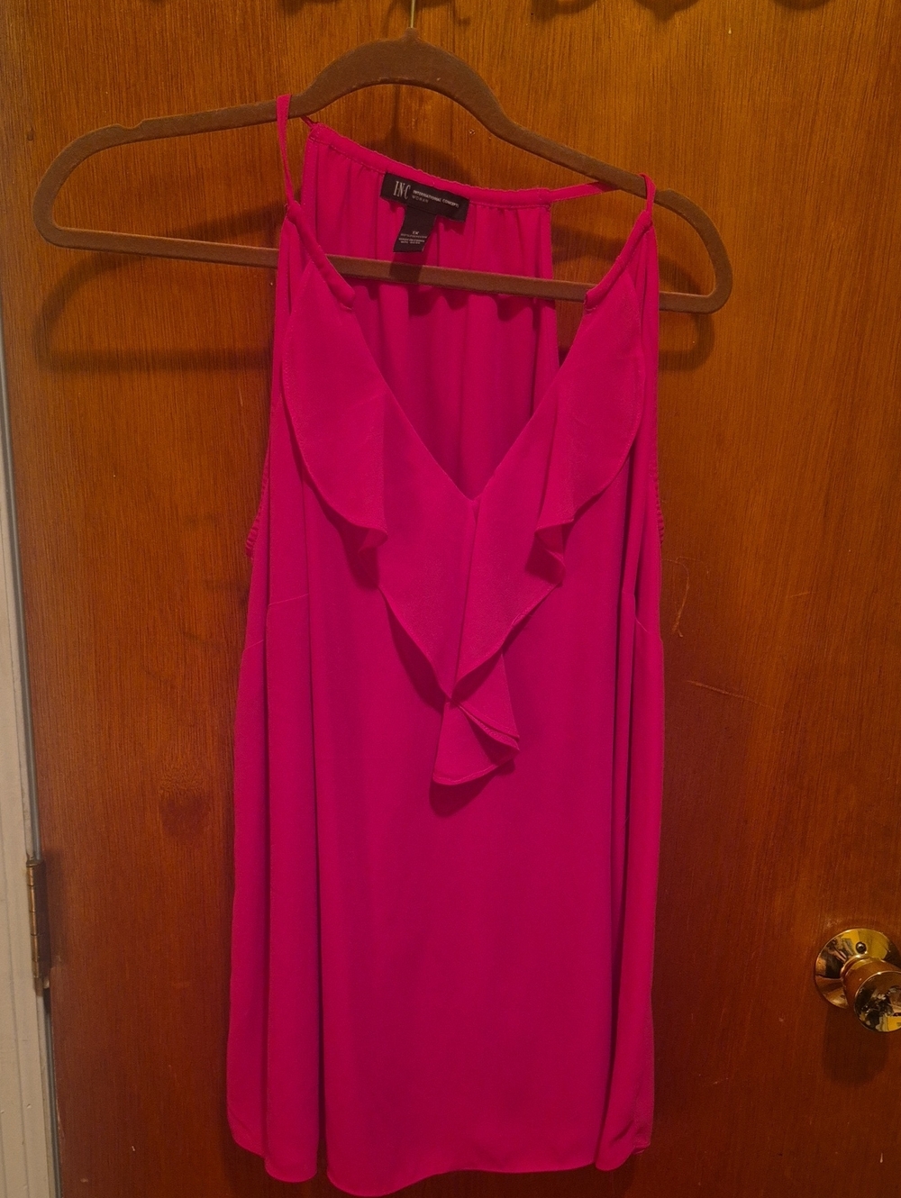INC International Concepts Fuchsia Ruffle V-Neck Sleeveless Shift Dress